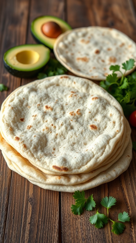 A stack of warm sourdough tortillas on a wooden table, surrounded by fresh ingredients for tacos.
